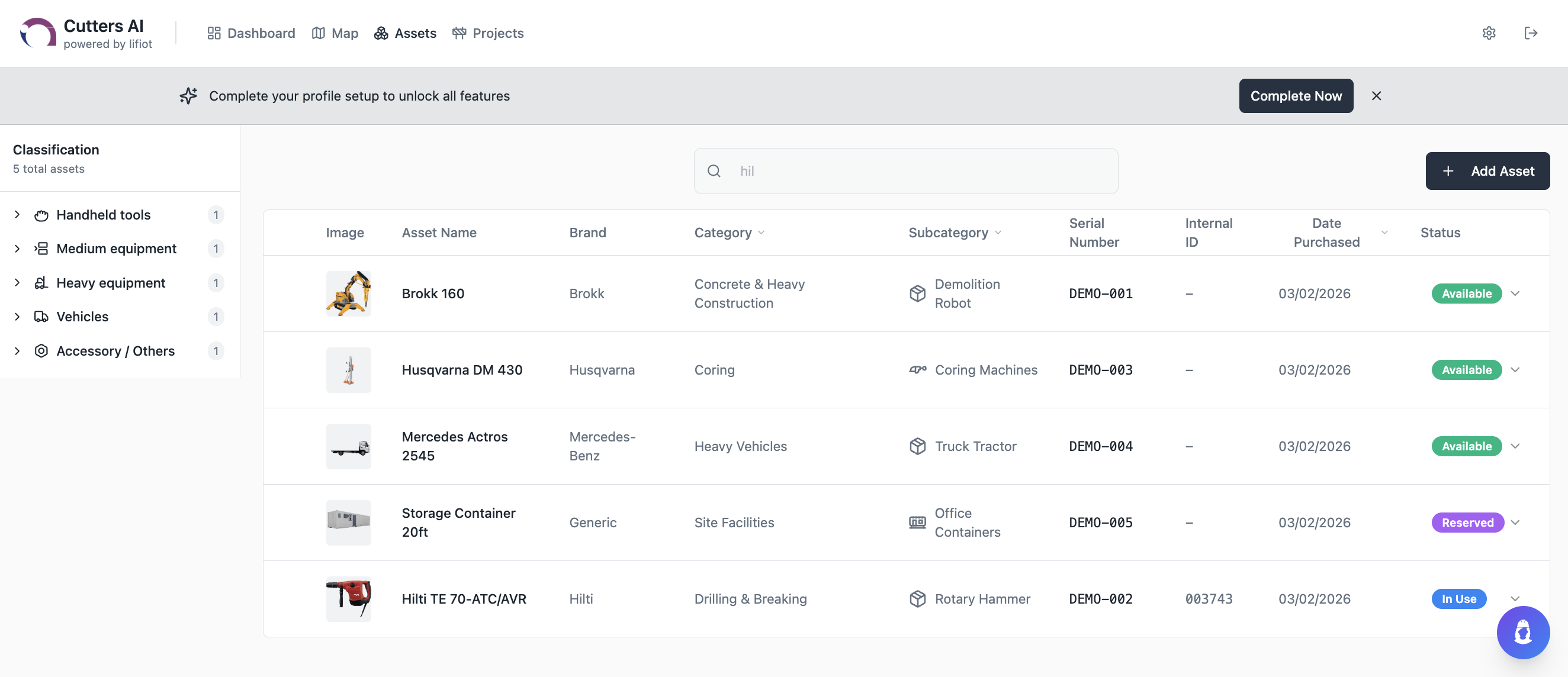 Lifiot Dashboard - Asset List View